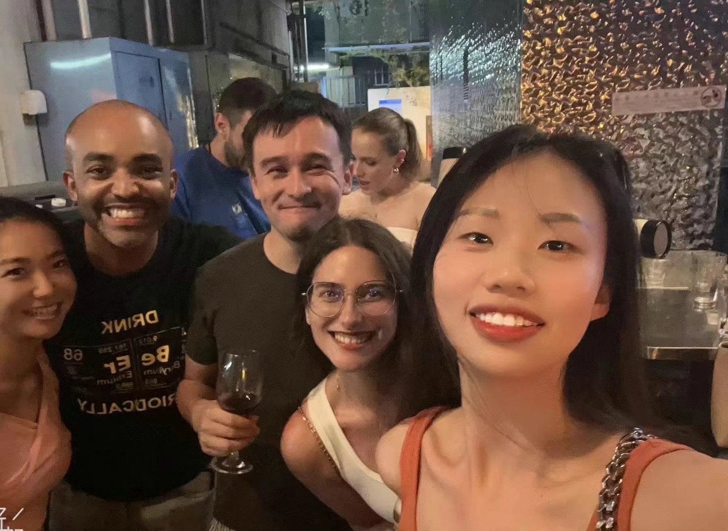 Friends gathering at the bar area